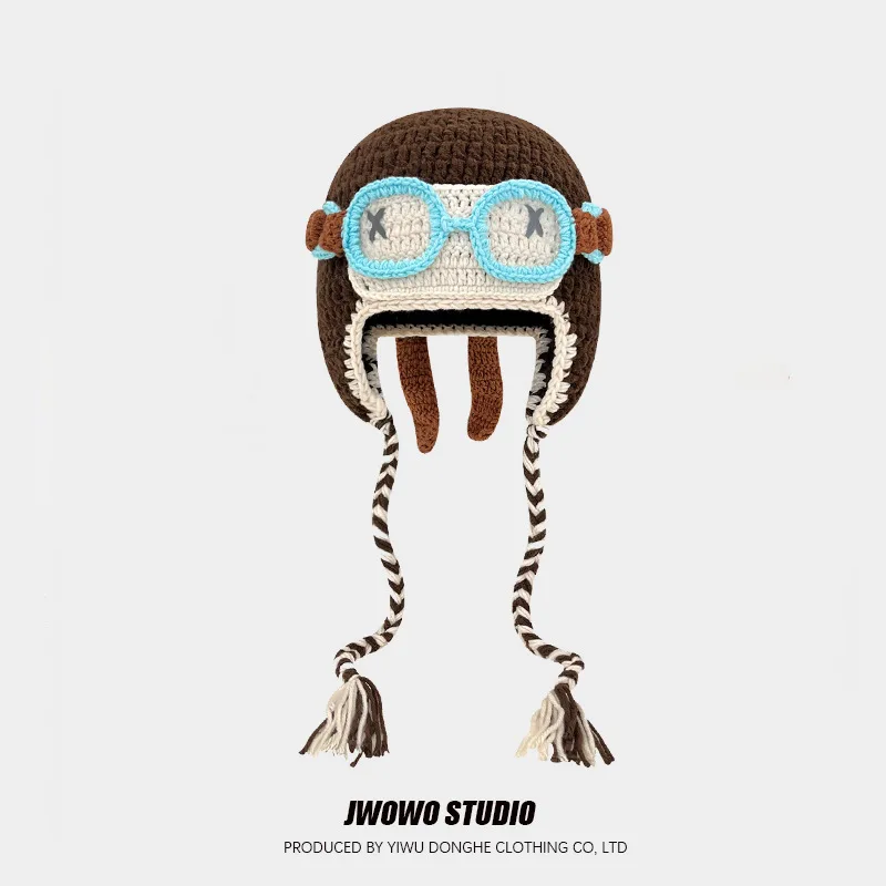 

Милая забавная шерстяная шапка ручной работы с пилотом для женщин, осенняя теплая вязаная плетеная шапка с мультяшными ушками, уличная повседневная вязаная шапка крючком