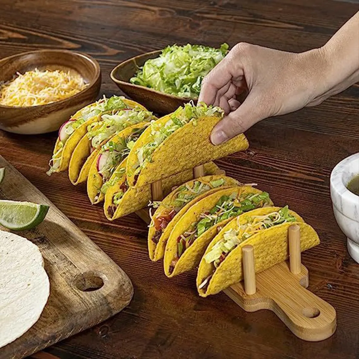 ABPP Bamboo Taco Tray with Holds 8, Taco Shell Holder Allows for Multi-Use Food Tray Charcuterie Tray