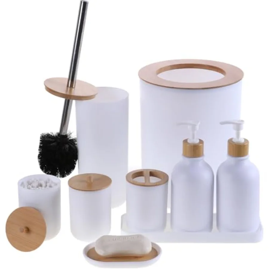 

Matte Bathroom Accessories Set 9PCSBamboo Bathroom Accessories Sets Complete with Trash Can Soap Dispenser and Toothbrush Holde