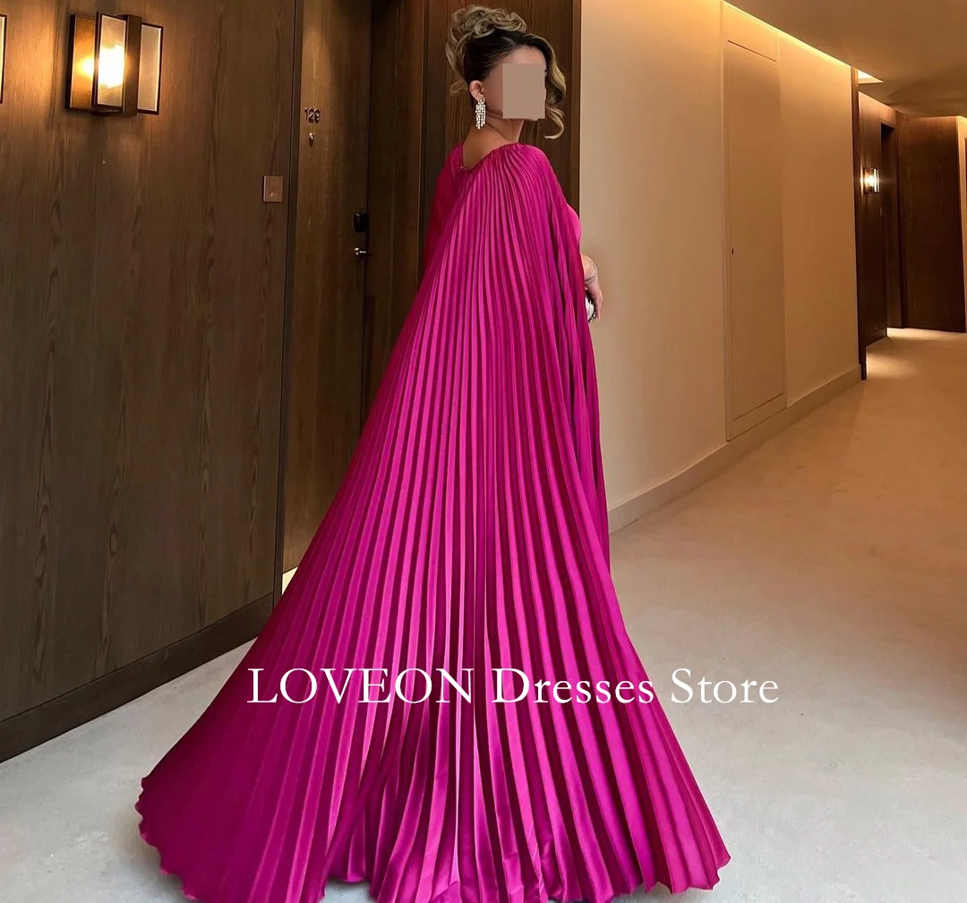 GIOIO Fuchsia Evening Dresses Long Cape Sleeves  Formal Customized Ruched Satin Vintage Buttons Elegant Prom Gowns Party Women