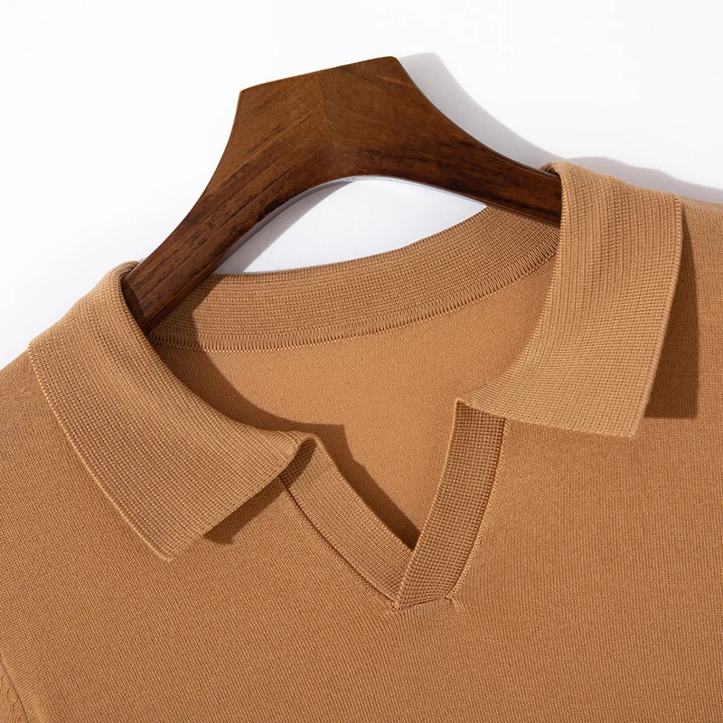 Spring Summer Knitwear Wool Men Pullover Seagull Neck Polo T-Shirt Solid Color Sweater Soft Short Sleeved Clothing Tops Classic