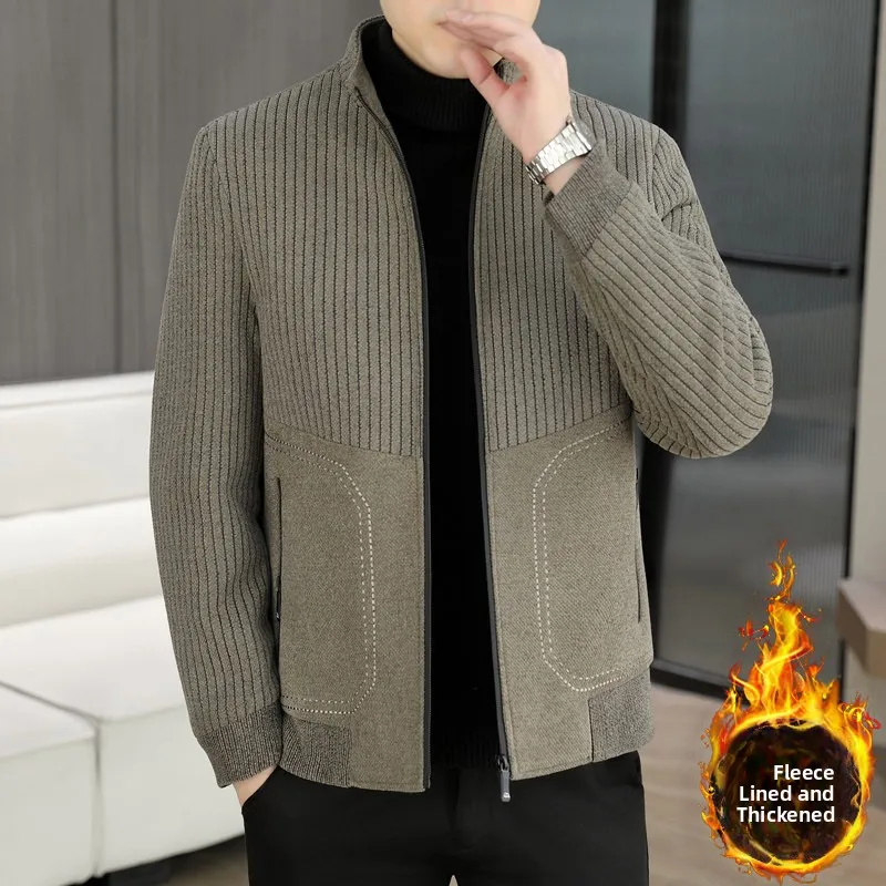 

Men's Faionable Winter Jaet Stand Collar Woolen Fce Lined Stripe Pattern All-Match Dad Coat Warm Busin Casual Sle