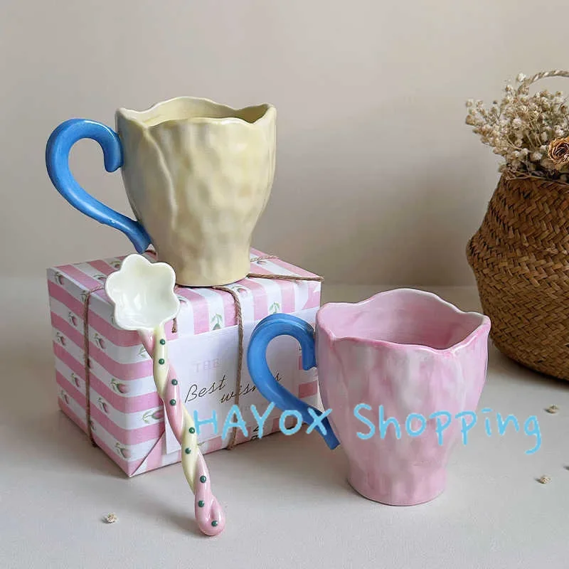 350ml Handmade Retro Mug，Tulip Flower Shaped Mug French Artistic Cup High-end Birthday Gift Box for Women High Beauty Cup