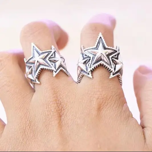 

European and American fashion personality retro Thai silver opening star punk ring for men, pure silver tail ring for women, rin