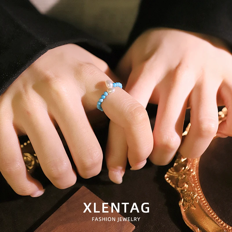 Natural Freshwater Pearl Turquoise Beaded Stretch Ring for Women Daily Wear Office Banquet Bohemian Style Ring Fashion Jewelry
