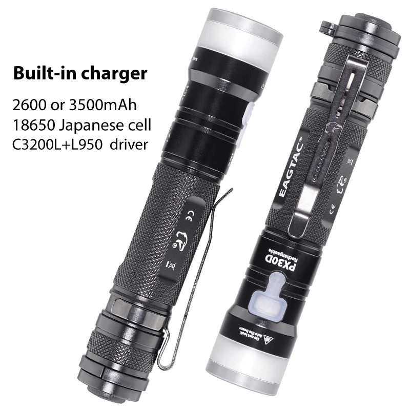 EAGTAC PX30LC2-DR Diffuser XPL HI LED 1760 Lm USB Rechargeable Flashlight Nichia 219C 18650 Included CR123A Camping Reading