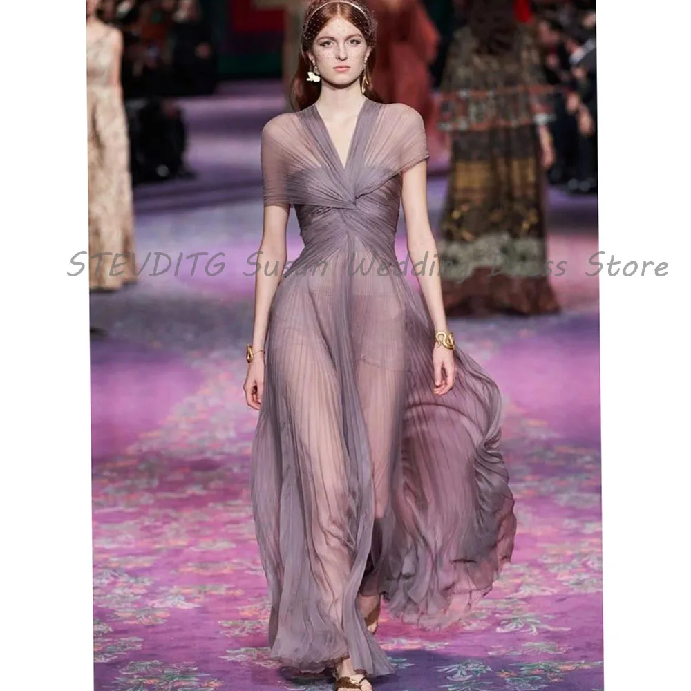 

Simple Evening Dresses Women V Neck Prom Party Short Sleeves Perspective Celebrity Banquet Floor Length Formal Occasion