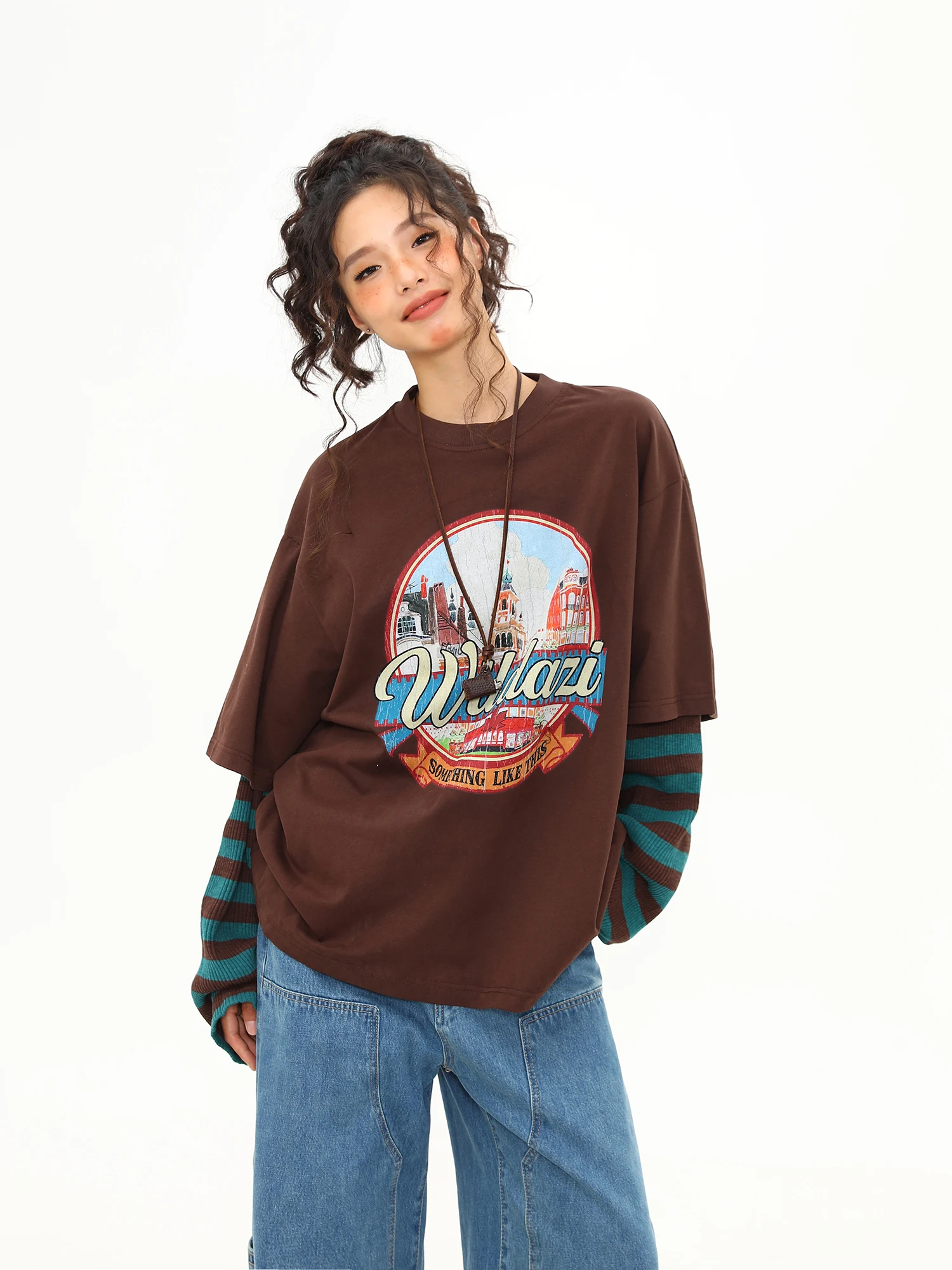 

Wild Azizi Women's Long Sve T-irt round Ne Print Loose Fit Casual Sle Autumn Top Fake Two-Piece Striped Color Blo