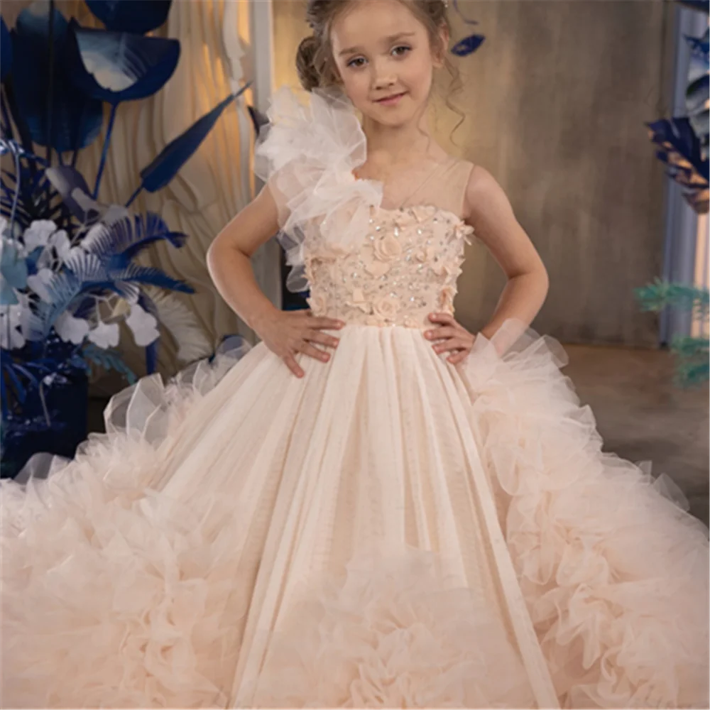 Pink Layered Flower Girl Dress For Wedding Applique Tulle Beaded Puffy Floor Length Child First Eucharistic Birthday Party Dress