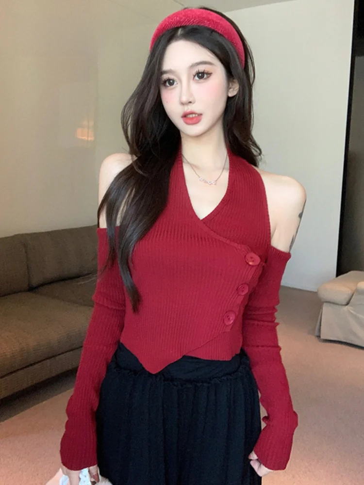 

Осень 2023, женский полый вязаный кардиган с v-образным вырезом, утягивающая основа, свитер с острыми плечами, чистый цвет