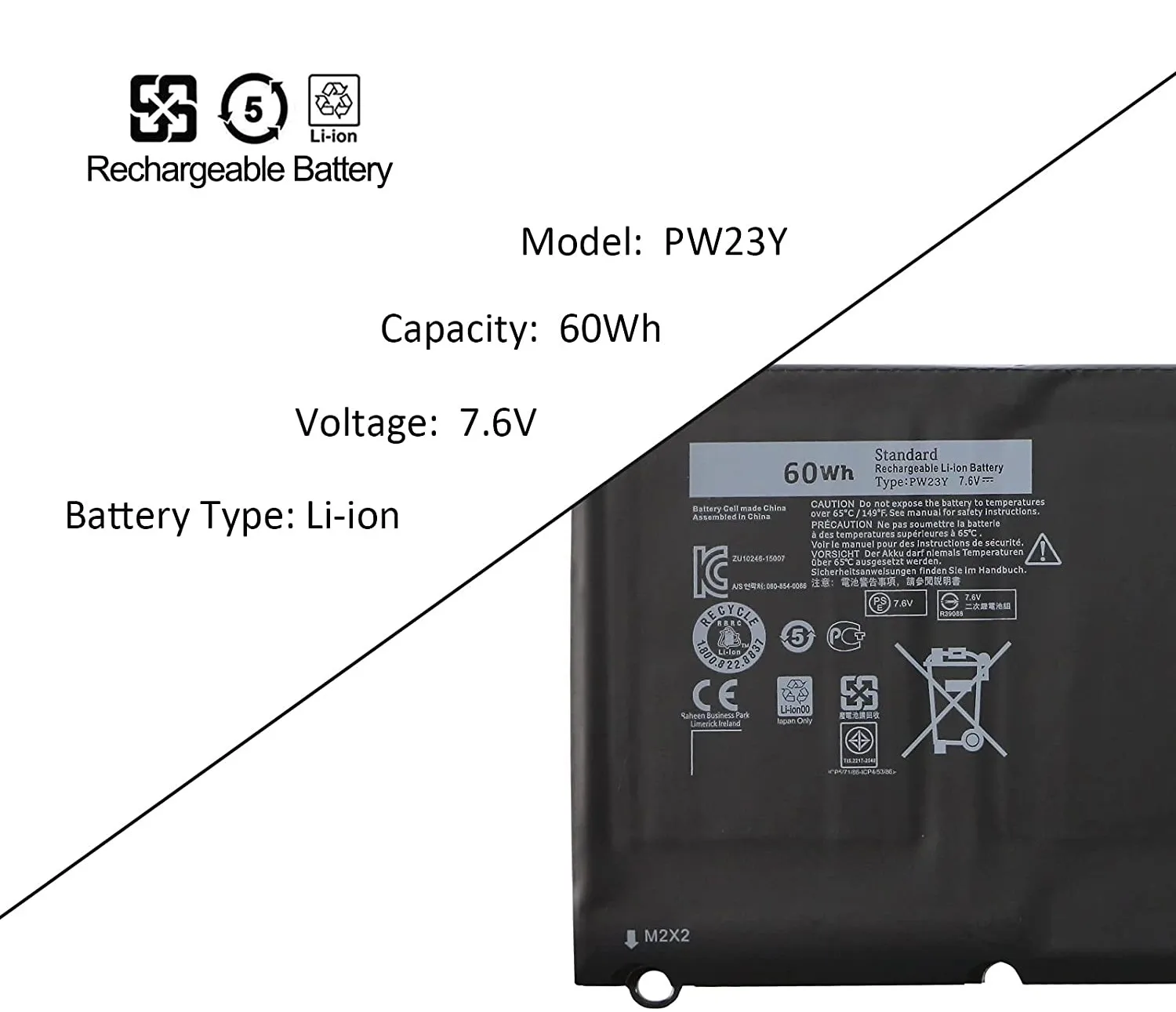 Batería PW23Y de repuesto para ordenador portátil, pieza nueva para DELL XPS 13 9360 Series RNP72 TP1GT P54G 7,6 V 60WH