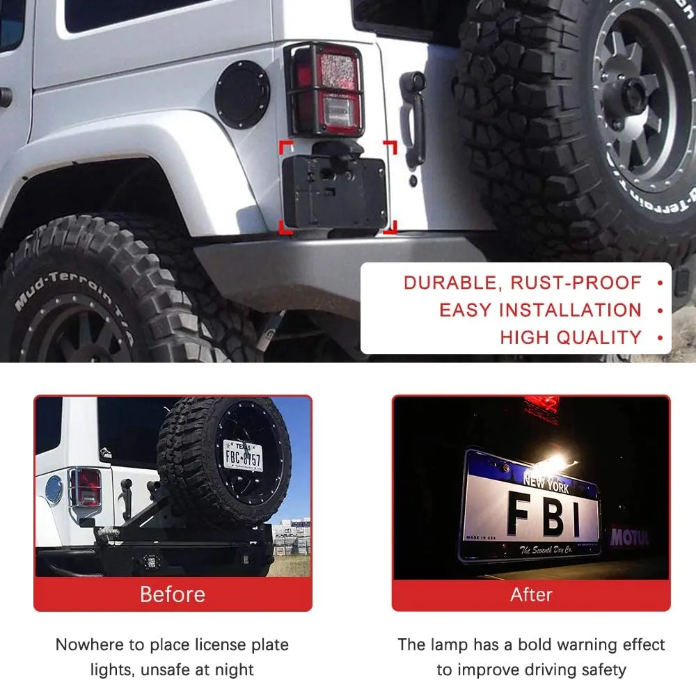 Für Jeep Wrangler JK 2007–2017, hinterer Kennzeichenhalter, Rahmen, Nummernschild, Montagehalterung mit Licht – Detail 7