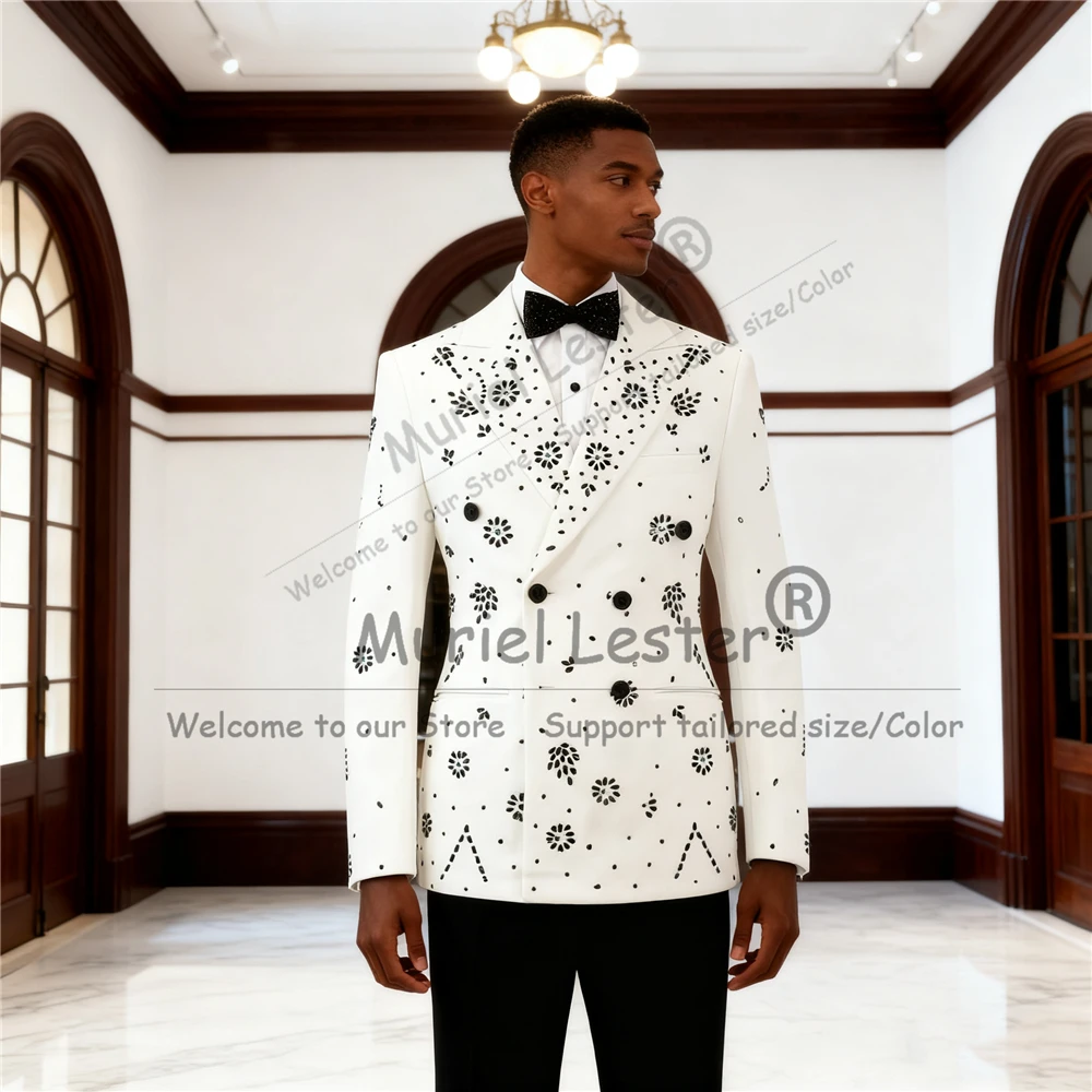

Beaded Stones Men Suit Attire For Wedding Double Breasted Groom Peaked Lapel Tuxedos Customized Man Business 2 Pcs Jacket Pants