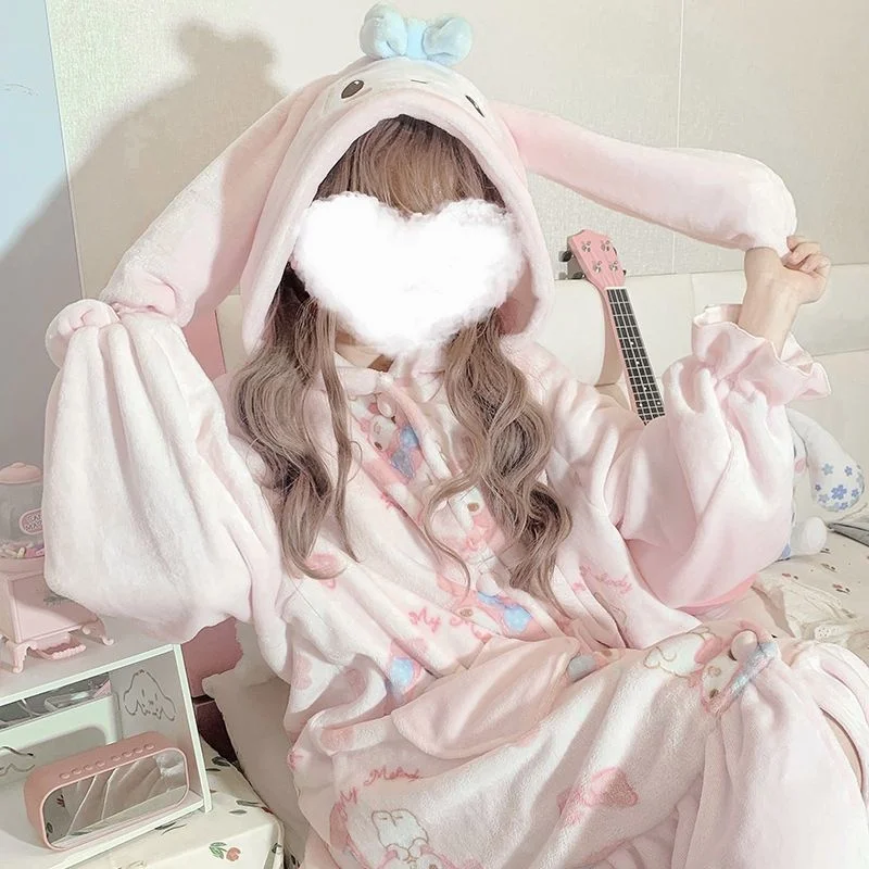 Sanrio quente minha melodia kawaii melodia pijamas de duas peças conjunto de roupão outono e inverno coral veludo engrossado loungewear