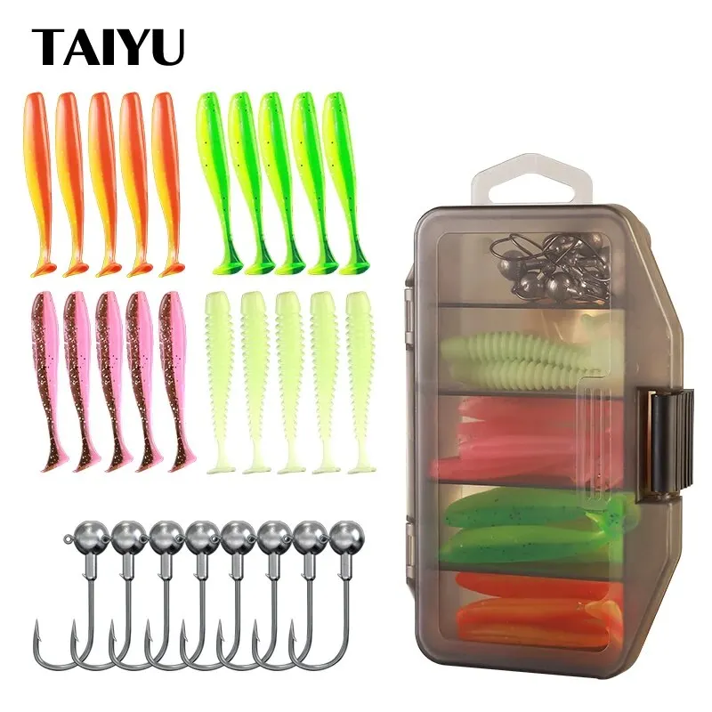 TAIYU Soft Fishing Lures Set 24pcs Silicone Bait 8pcs Metal Jig Head Hook With Box Artificial Bait Fishing Tackle Accessories