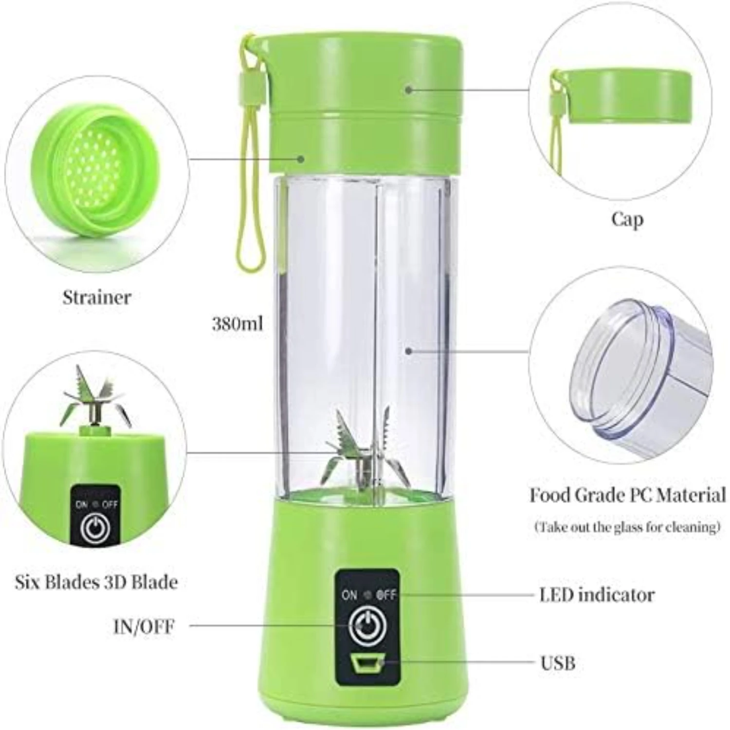 Portable, Personal Mixer Rechargeable with USB, Mini Blender for Smoothie, Fruit Juice, Milk Shakes, 380ml, Six 3D Blades for, 9