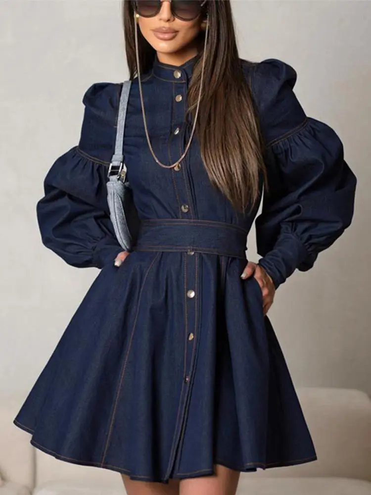 Lantern Sleeve Denim Shirt Dress Lace-Up Waist Cinching Niche Design Temperament Fashion Round Neck Women Commute Short Dresses