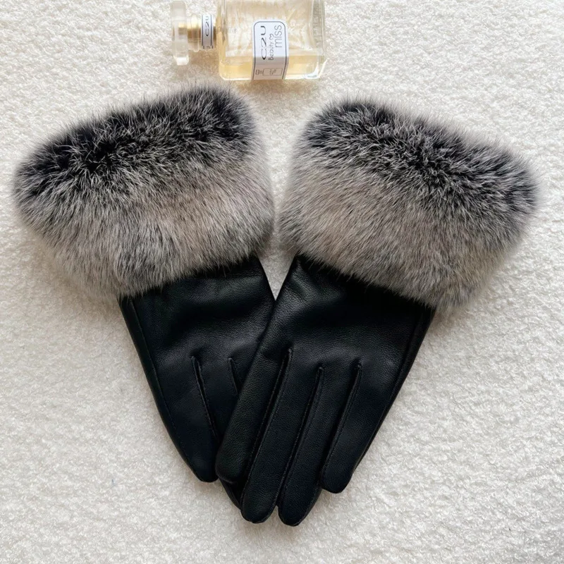 Women's Winter Warm Suede Rabbit Fur Gloves Student Thickened Waterproof Riding Cotton Gloves Real Fur Fingerless Gloves