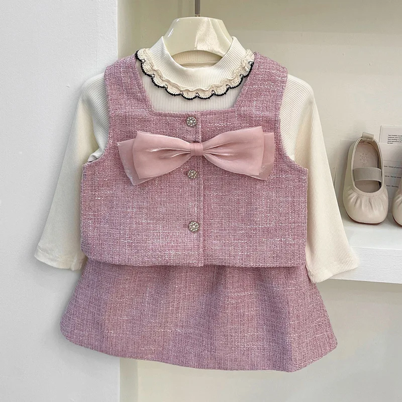 

Girl Suit New Spring Autumn Fashion Style Set Baby Girl Solid Bow Waistcoat Long Sleeve Knit Shirt Fleece Skirt Three Piece Suit