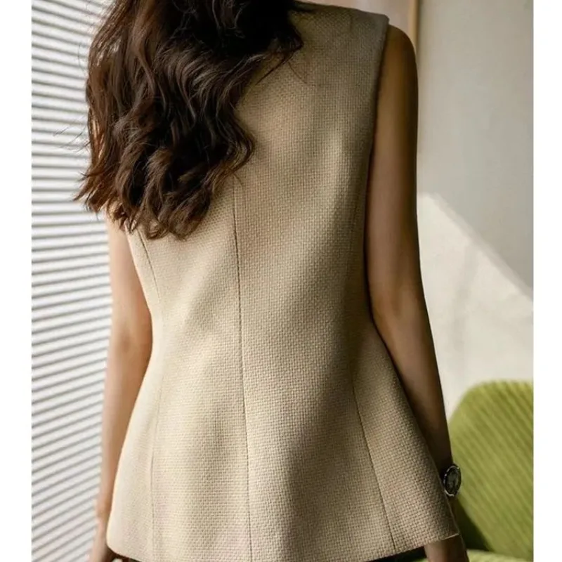 2023 Spring and Autumn New Women's Fashion Solid Color Round Neck Commute All-match Loose Sleeveless Cardigan Button Vests Coats