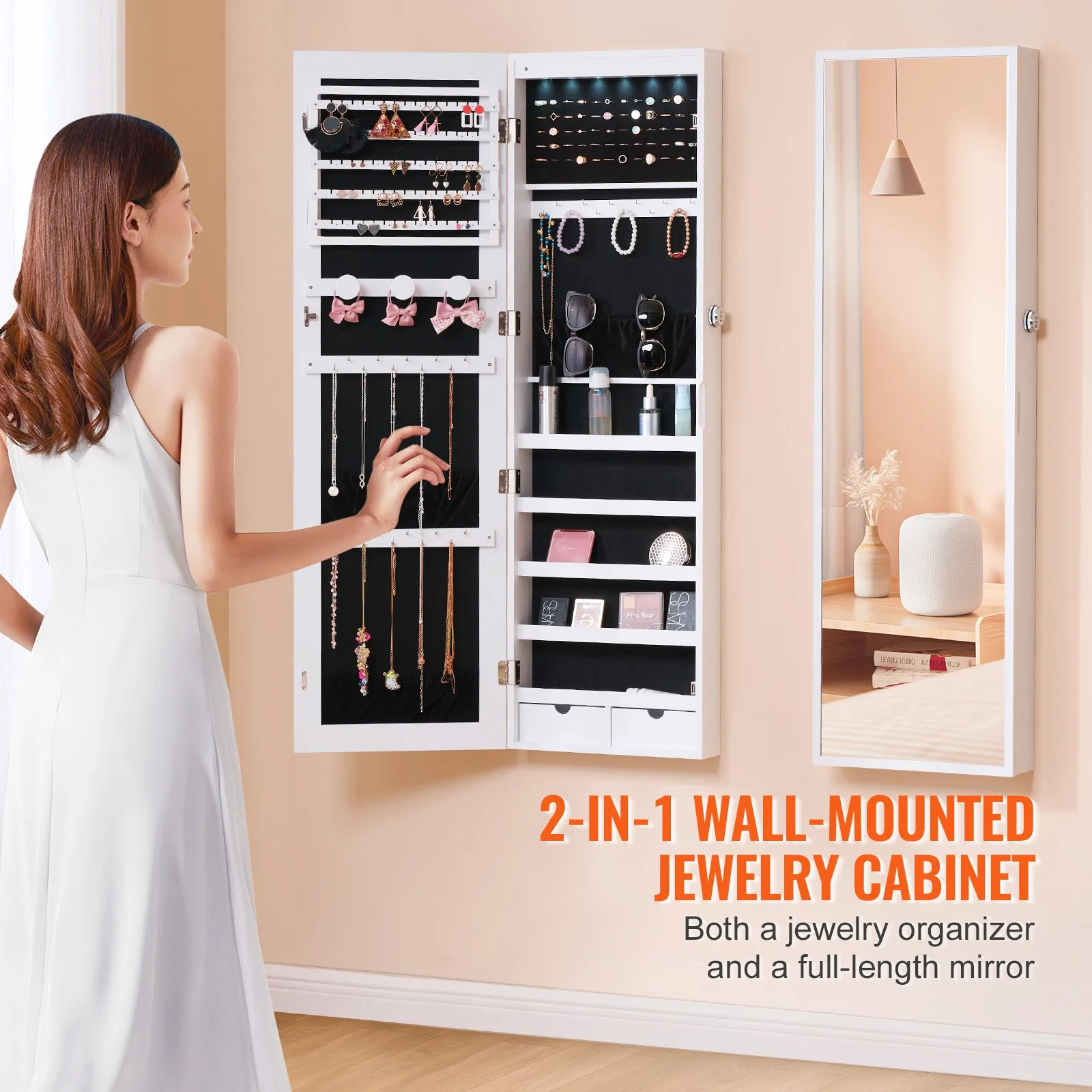 

Mirror Jewelry Cabinet 47.05in Lockable Wall or Door Mounted Armoire White