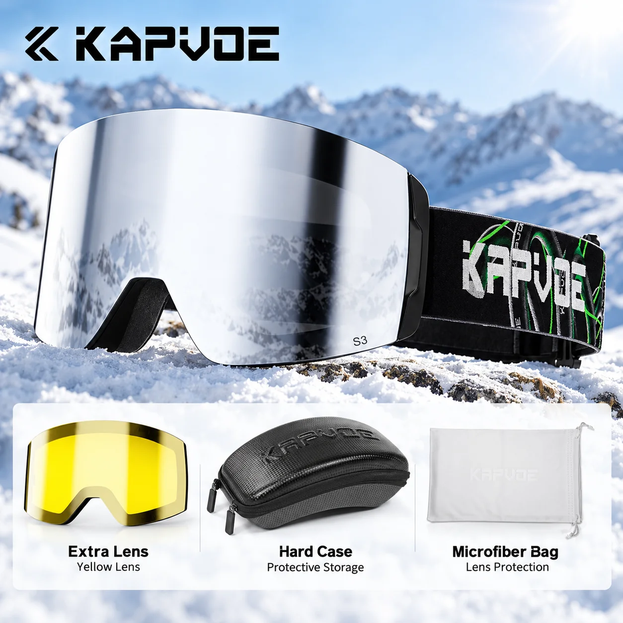 Kapvoe Ski Goggle Case Set Snowboard Anti-Fog for Men Women Eyewear Kit UV400 Snow Glasses Sunglasses with Extra Yellow LENS
