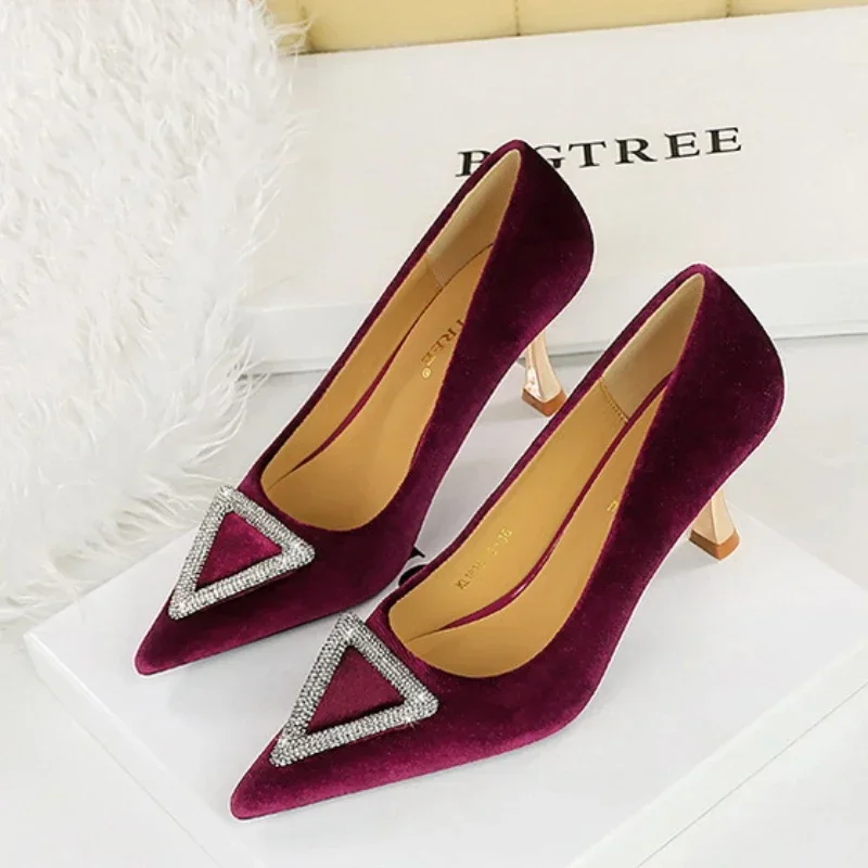 BIGTREE Women 7cm High Heels Velvet Pumps Wedding Bride Prom Heels Luxury Designer Replica Rhinestone Pointed Toe Suede Shoes