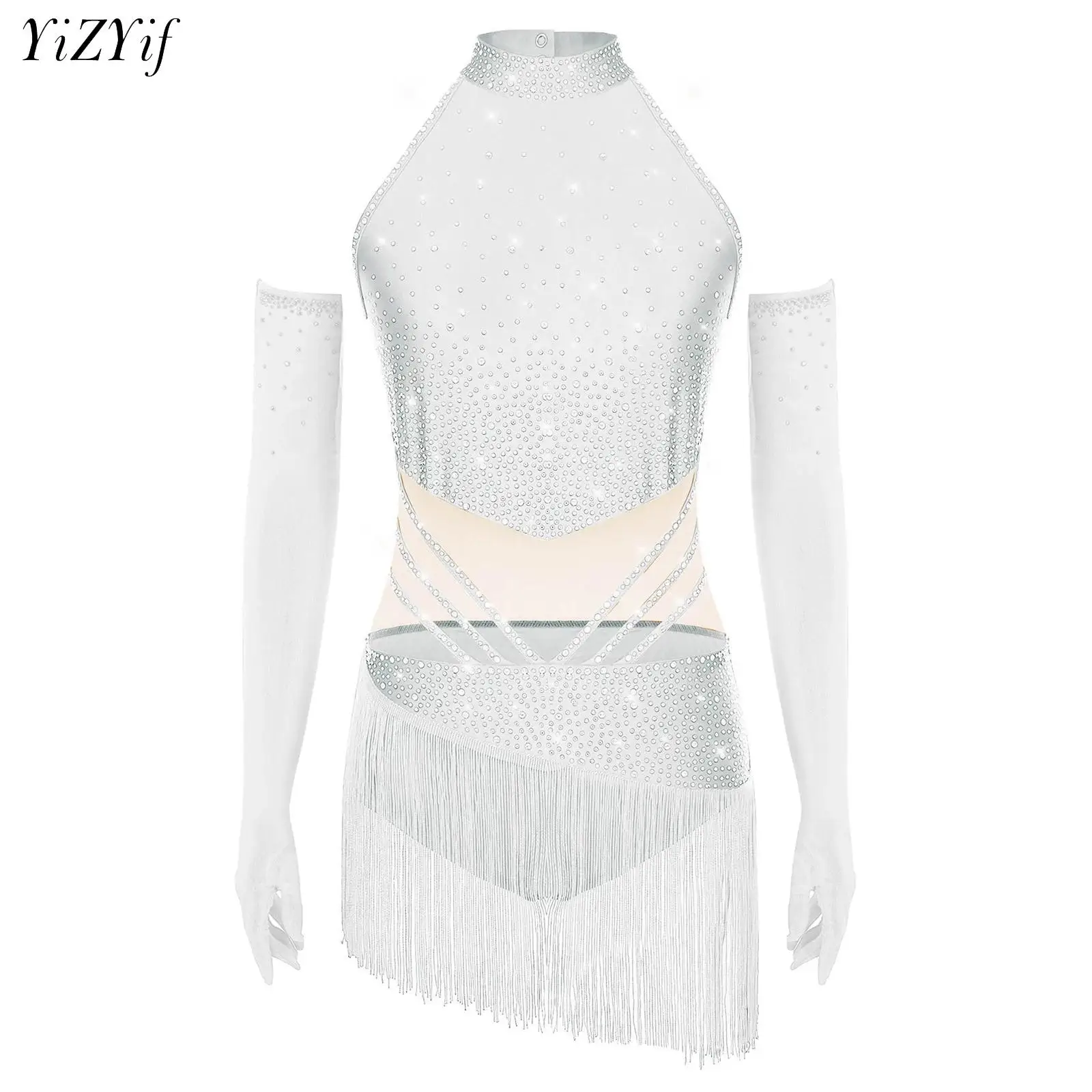 

Women Ballet Dance Leotard Dress Figure Skating Cha-cha Samba Tango Latin Costume Sleeveless Tassel Bodysuit with Gloves Outfits