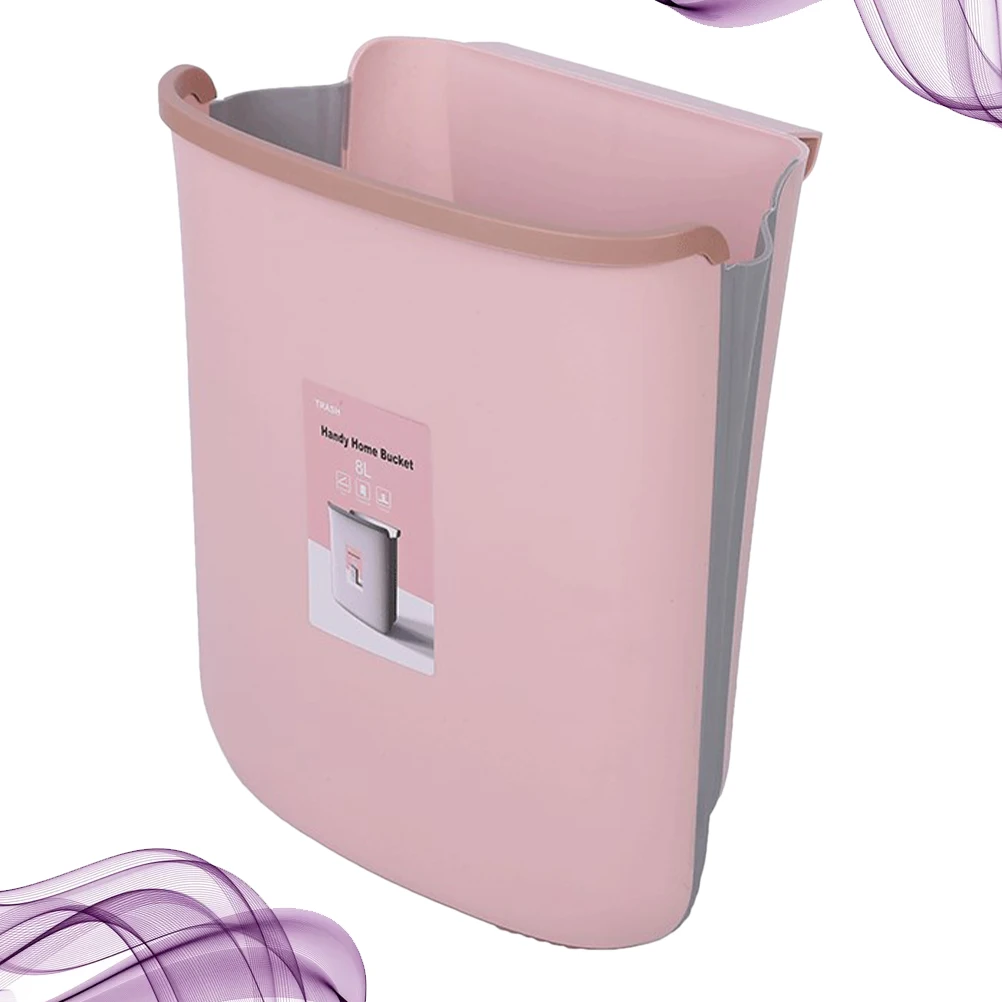 

Trash Can Foldable Pink Bin Storage Container Wall Mounted Hanging Basket Household Compact Size Premium Material Kitchen Trash