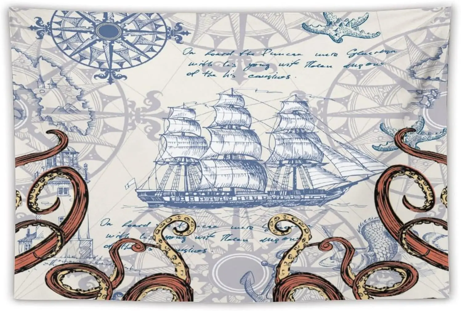 Vintage Nautical Blueprint Sailing Ship Tapestry Wall Hanging Steampunk Maritime Decor Antique Illustration Artwork Home Living