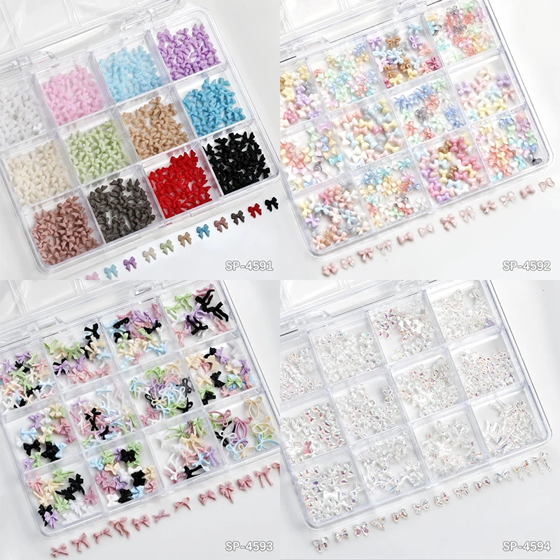 12Grids/Box Mixed Resin Bowknot Tie Ballet Ribbon Nail Charms 3D Colorful Kawaii Rhinestone Nail Art Decorations DIY Manicure