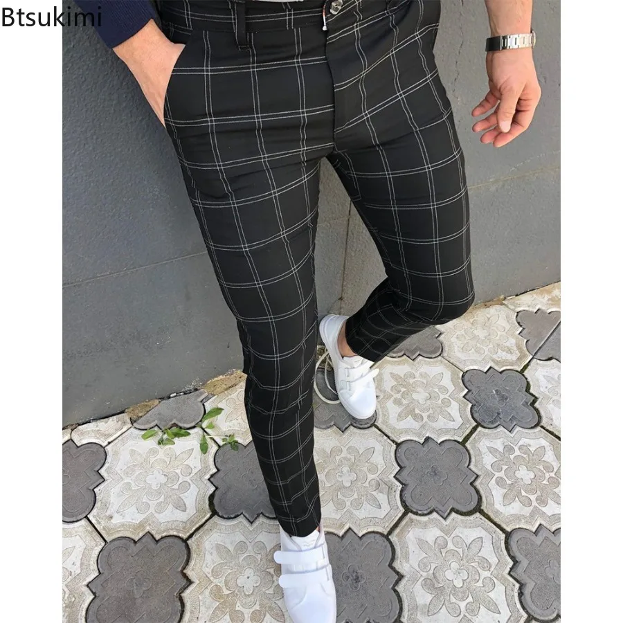 Pantalones clásicos con estampado a cuadros para hombre, pantalón informal, ajustado, elástico, versátil, para negocios y uso diario, 2024