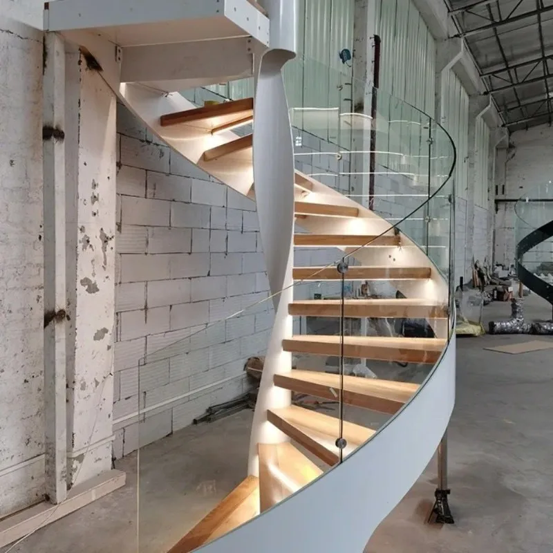 Customized Curved Staircase Tempered Glass Finished Spiral Staircase Factory Custom Home Indoor Staircase Deposit