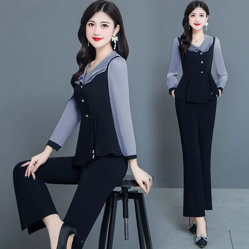 Fashion Pants Sets For Women 2024 Spring New Office Lady Ruffled Collar Patchwork 2 Pieces Pantsuits Female Costume Outfits