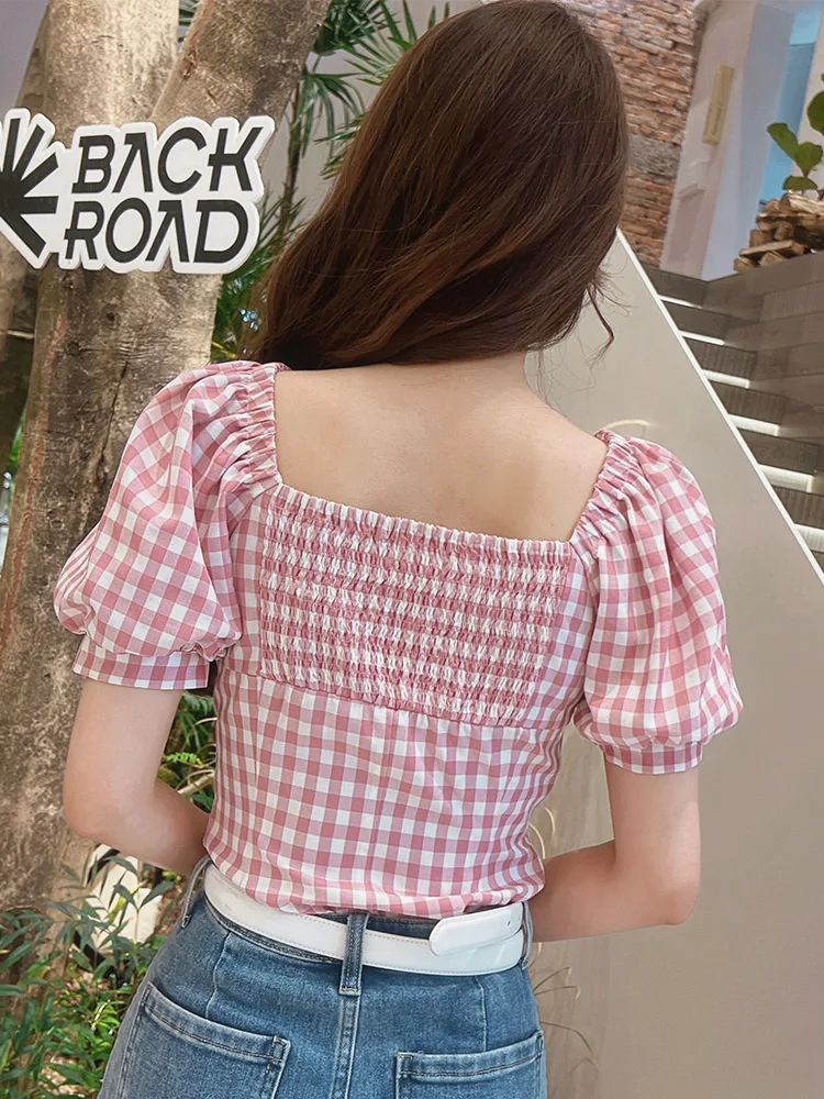 Dabuwawa Gingham Shirt Short High Waist Slim Puff Sleeve Square Neck Blouse Top Back To School Vintage Summer Female DM1BST002