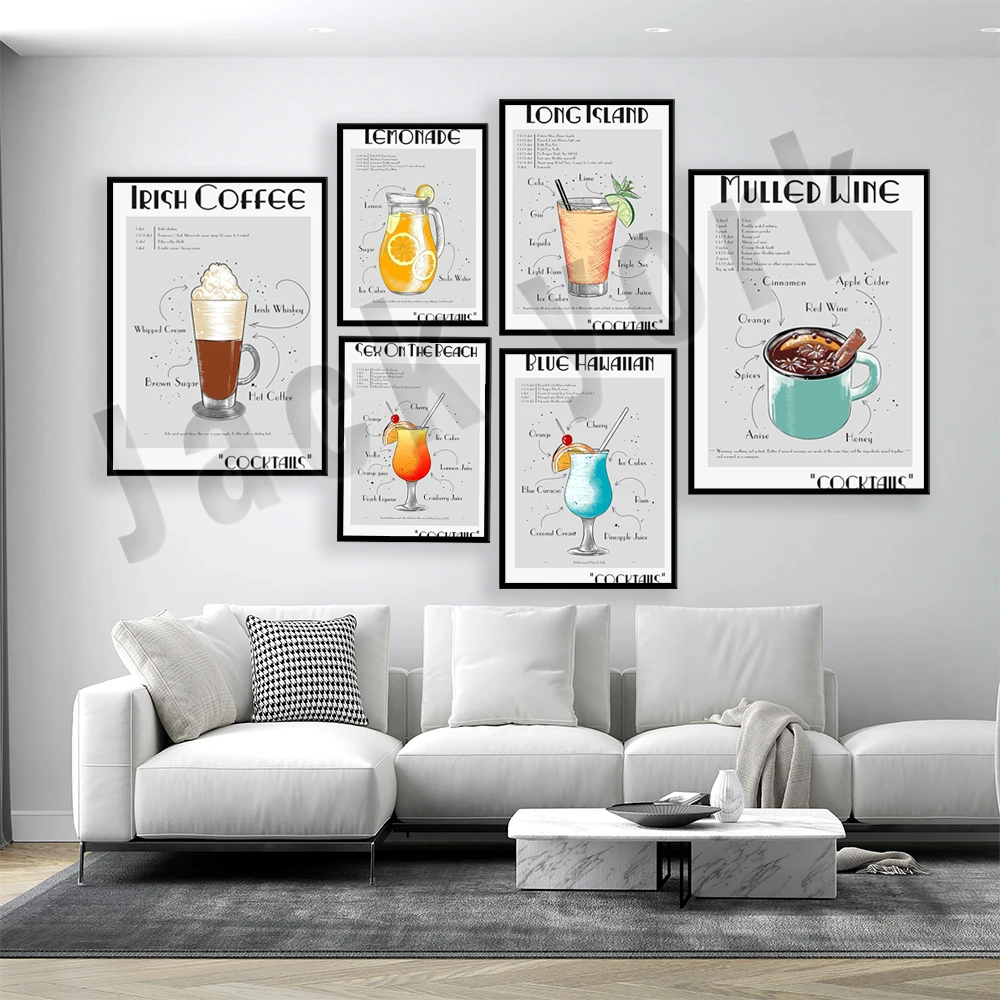 Tequila, Cosmopolitan, Strawberry Mimosa, Margarita, Long Island Cocktail, Coffee Cocktail Poster, Party Cocktail Bar Recipe