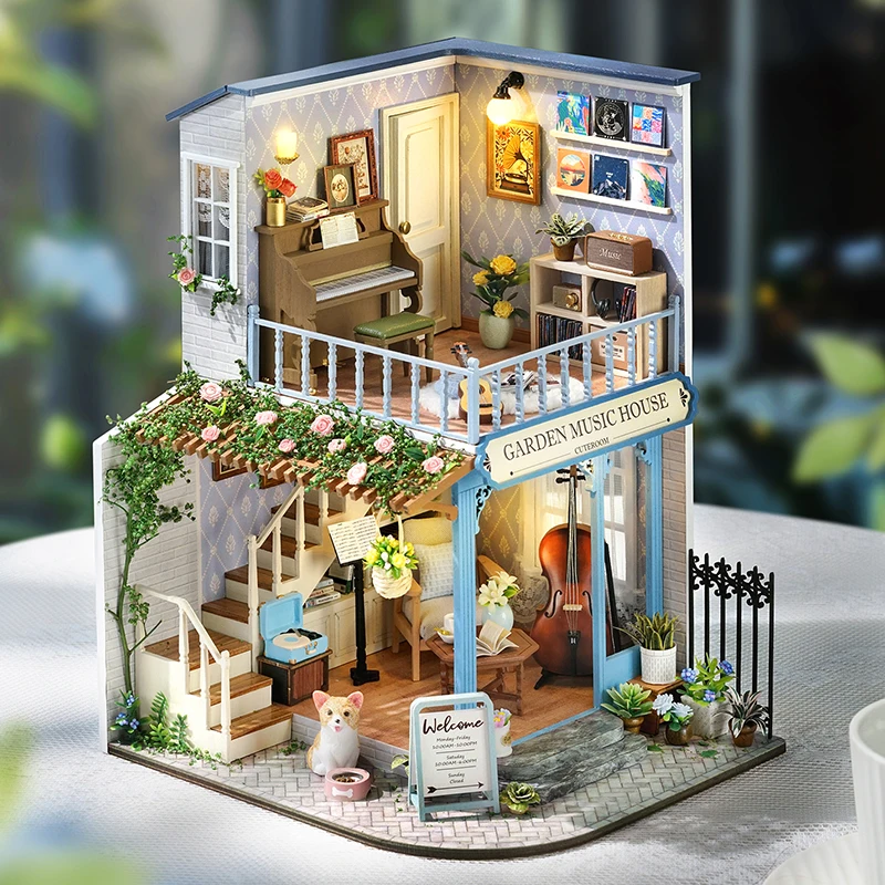 Holzfiguren Miniatur Puppenhaus Kit 3D Puzzle Gebäudemodell mit LED-Licht Puppenhäuser Spielzeug für Geburtstag Weihnachtsgeschenk
