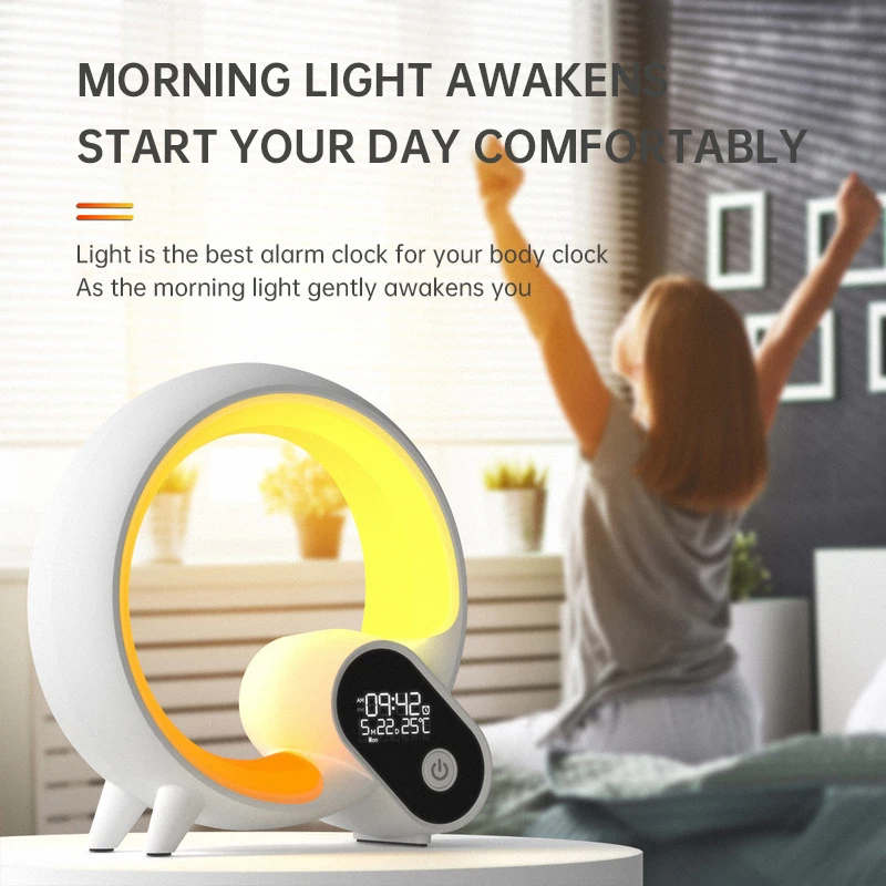 Creative Q Colorful Atmosphere Light Bluetooth Speaker RGB Desk Lamp with White Noise Digital Sunrise Wake Up Light Alarm Clock