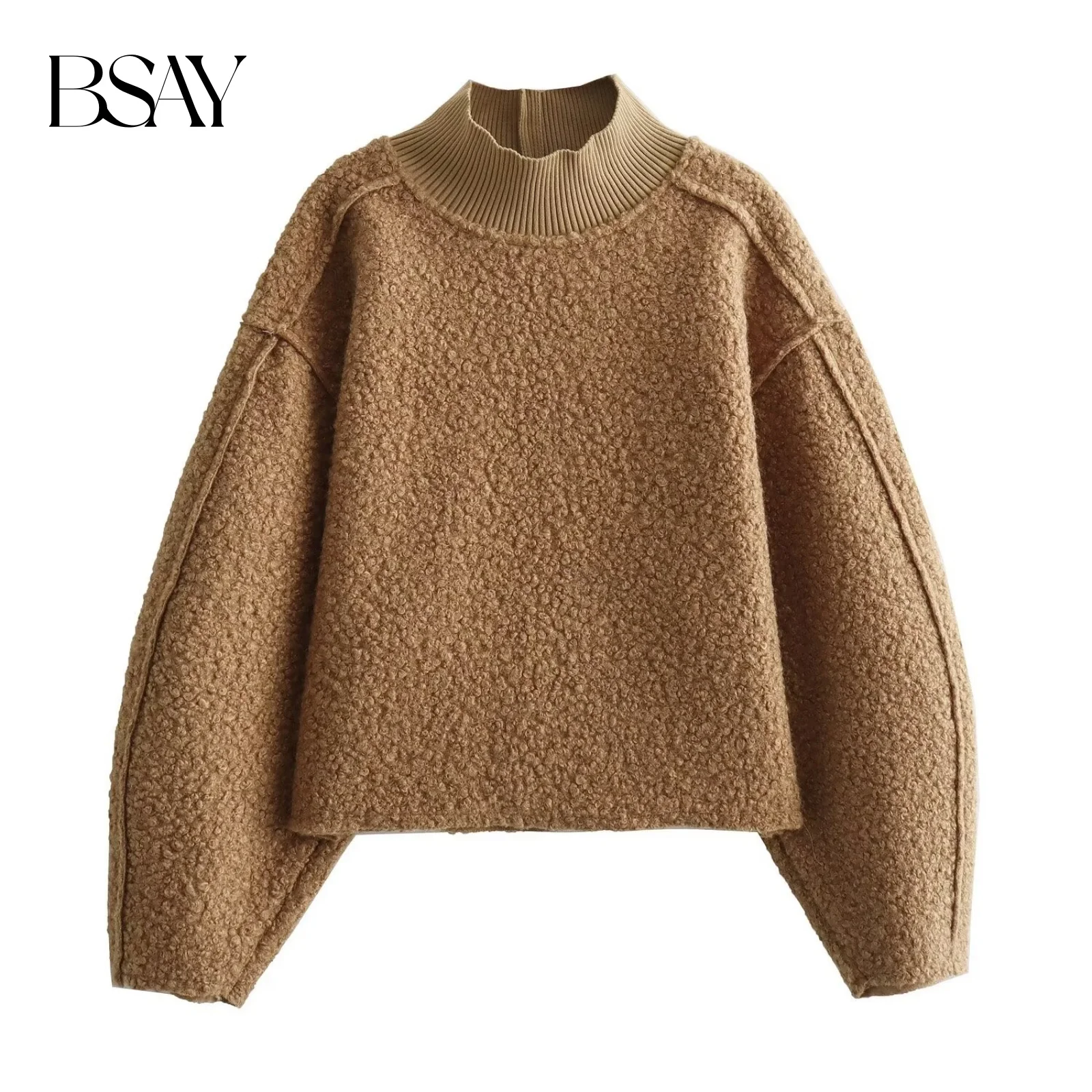 BSAY سترة نسائية موضة خريف وشتاء 2024 جديدة فضفاضة بلون سادة وأكمام طويلة وياقة ثابتة بلوفر نسائي أنيق