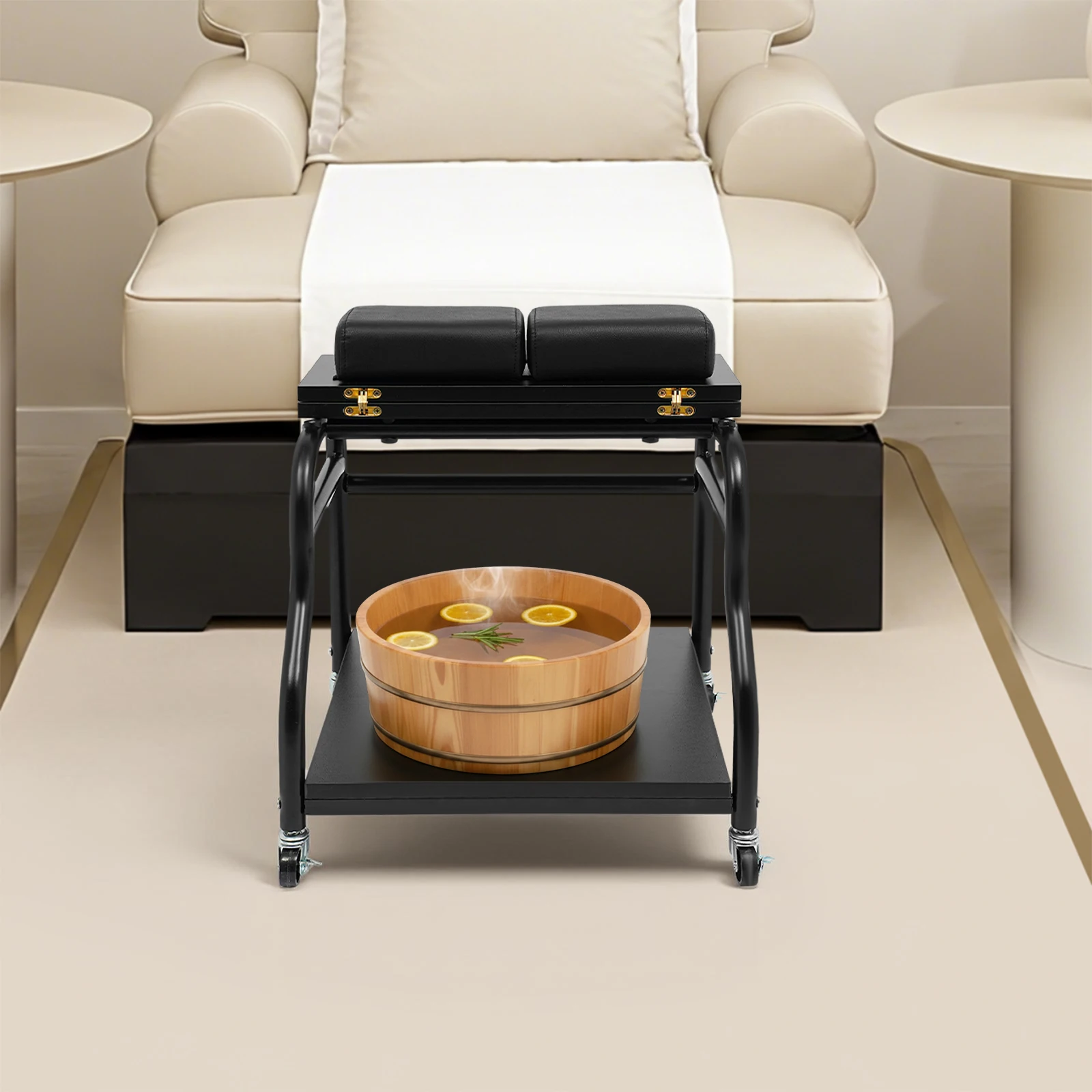 Chariot d'esthétique portable noir avec roulettes, 2 étagères, chariot pour bain de pieds, support pour salons de manucure, cliniques médicales
