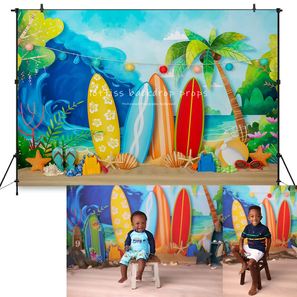 

Summer Surfing Backdrops Kids Baby Birthday Cake Smash Photocall Decors Child Adult Photography Beachside Surfiing Backgrounds