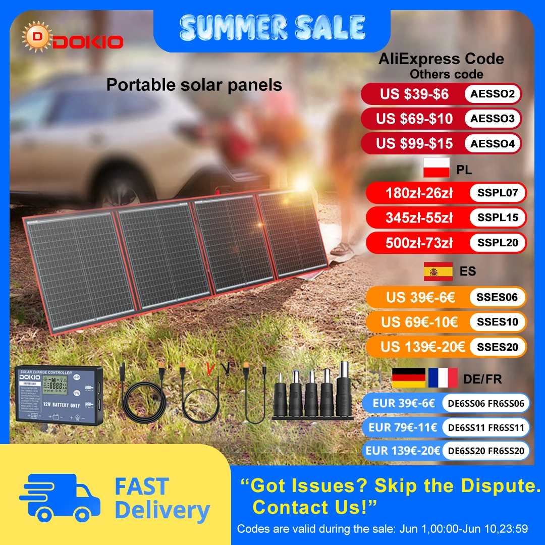 Dokio-Panneau solaire 18V portable et flexible, 100/160/200/300W, avec kit de contrôle 12V, pour recharge de batterie de camping