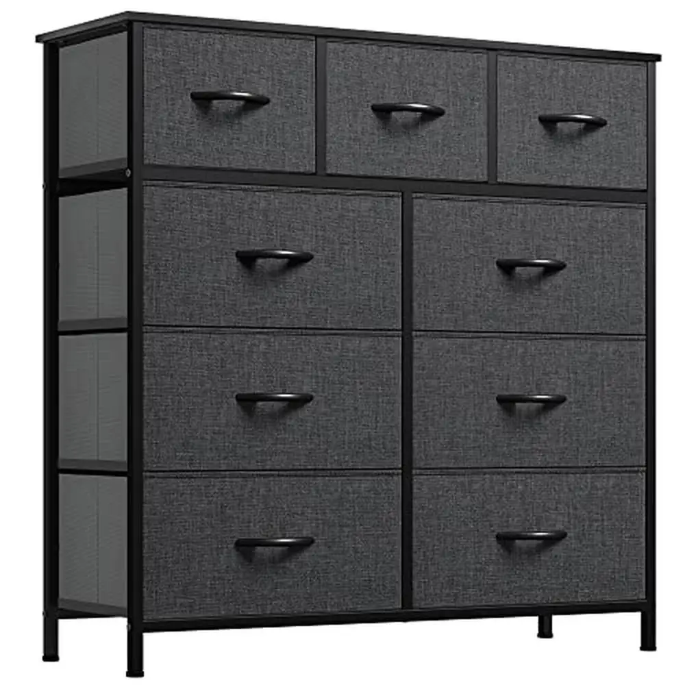 Tour de rangement de commode en tissu, cadre en acier, dessus en bois, bacs à nervures faciles, organiser l'espace, 9 portes de proximité