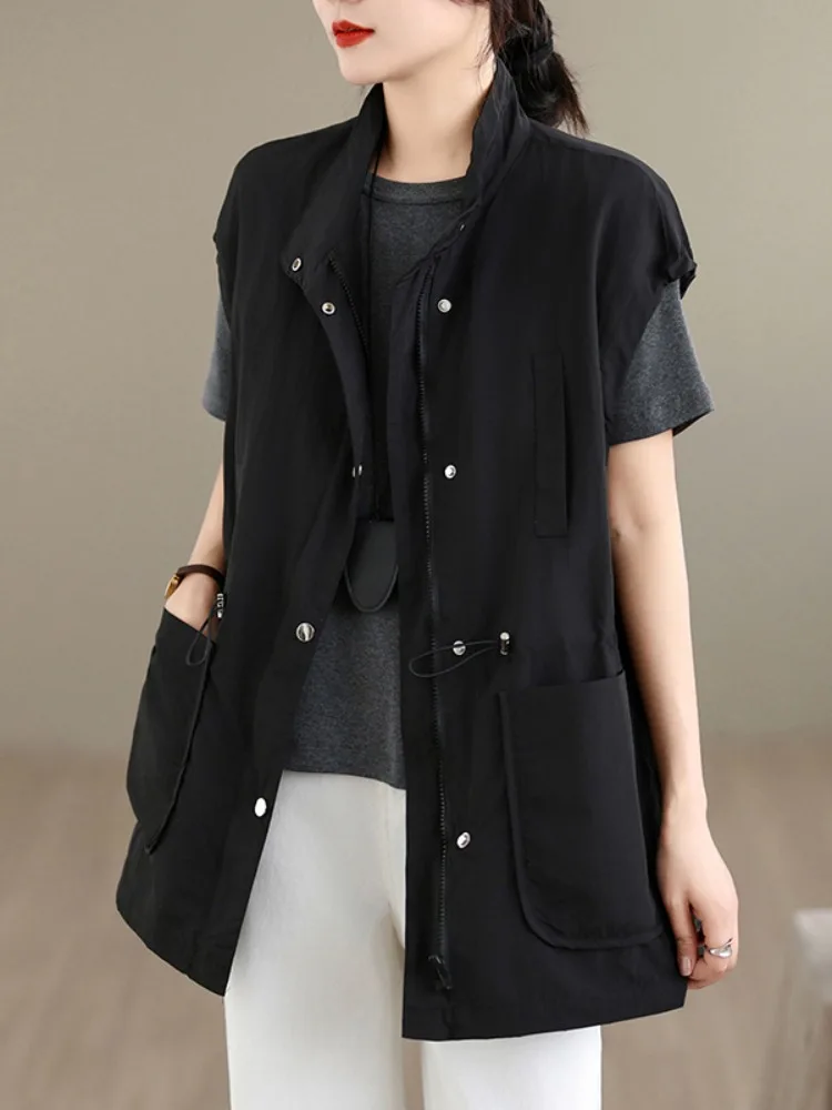 

Fashionable Casual Ladies' Drawstring Waist Vest Jacket Sleeveless Stand Collar Outerwear Spring Season Lightweight Cotton