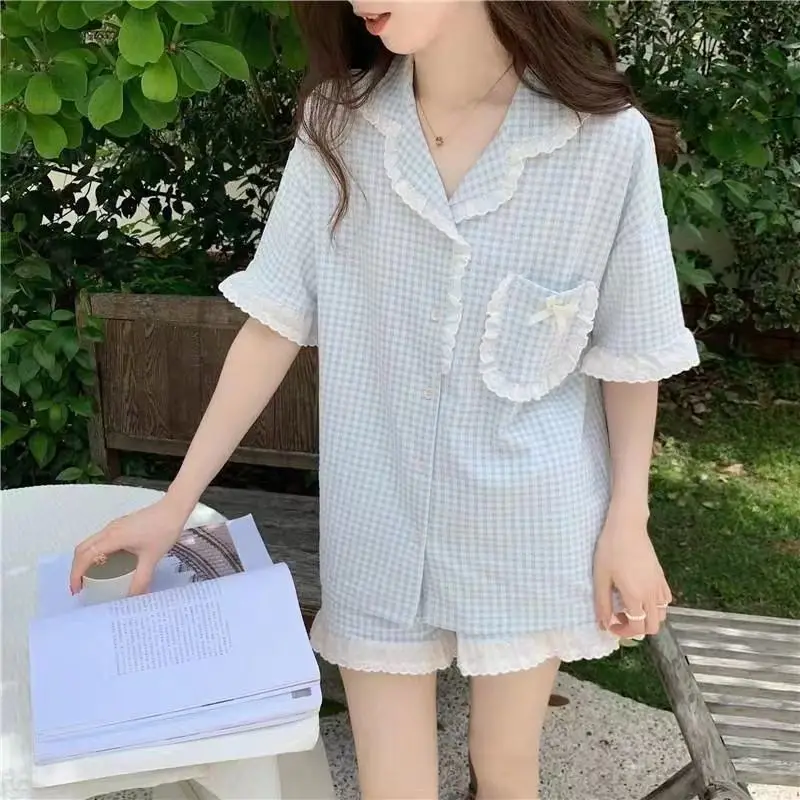 Summer thin couples pajamas women short-sleeved shorts set of large size men\'s summer simple outside home wear