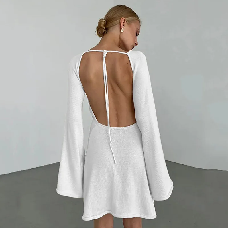 Sexy Backless Dress Women's Horn Sleeves Loose Beach Vacation Dress Women White Dress Beach Cover Up Bikini Swimsuit for Women