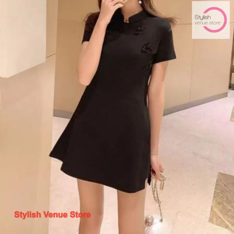 

New Chinese fashion temperament slim cheongsam dress female summer new ladies slim little black dress improved two-piece suit