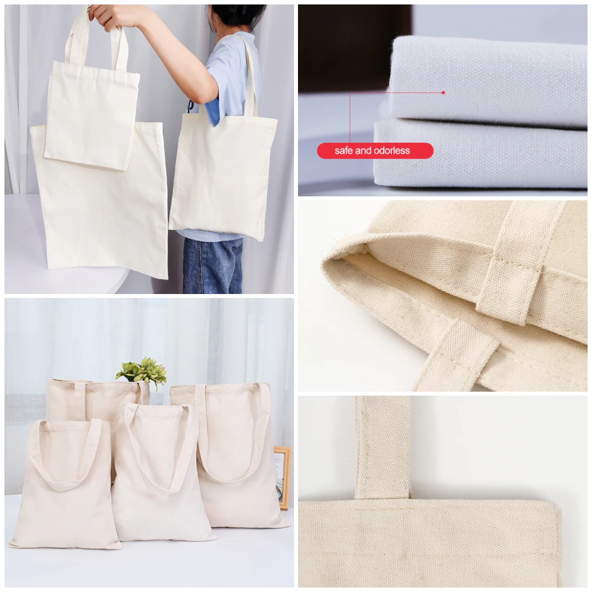 Women Canvas Shoulder Bag Solid Color Casual Tote Bag Reusable Large Capacity Cotton Handbag Shopping Beach Bag Beige/White