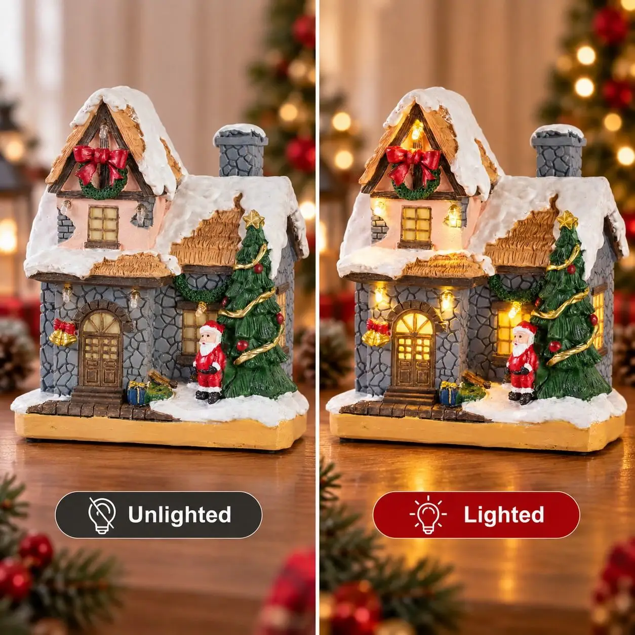 Weihnachtsdorf-Haus LED-Beleuchtete Sammlerfigur Schneehütte Weihnachtsmann Baum Tisch Weihnachts-Heimdekoration Geschenk – Detail 7
