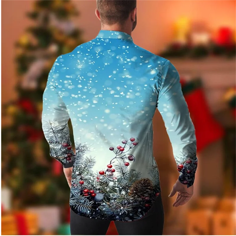 2023 Christmas Tree Theme 3D Printing Men\'s Button Lapel Fashion Long Sleeve Shirt Festival Party Top New Year Couple Streetwear